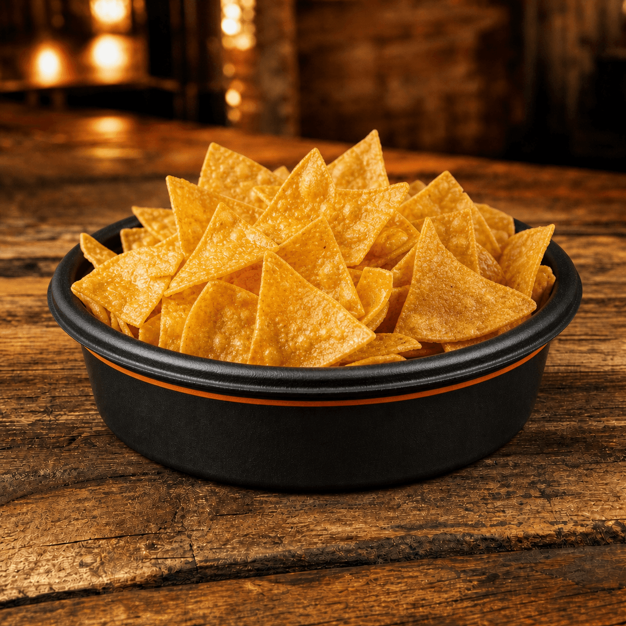 A full black NachoWorks bowl of crisp tortilla chips