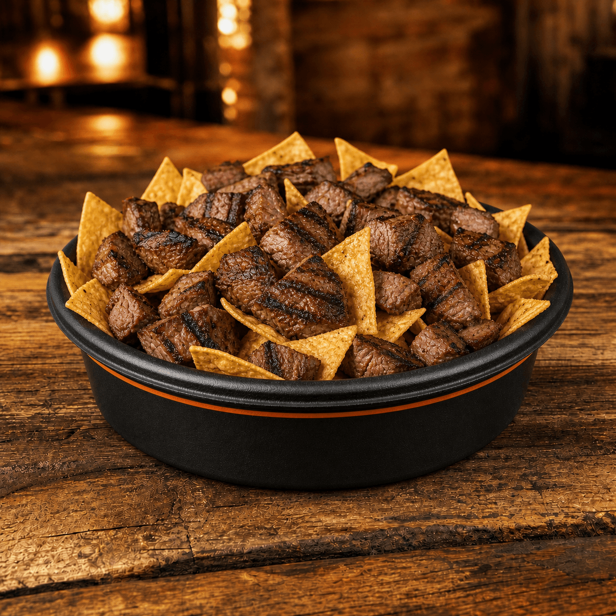 Tortilla chips layered with flame-grilled steak in a black NachoWorks bowl