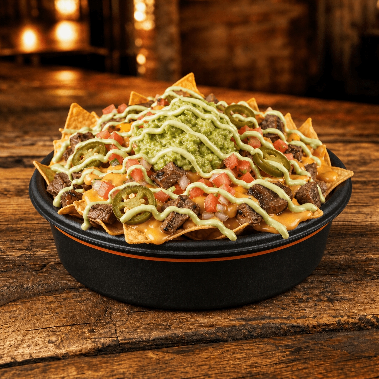 Loaded steak nachos with avocado-lime crema drizzle