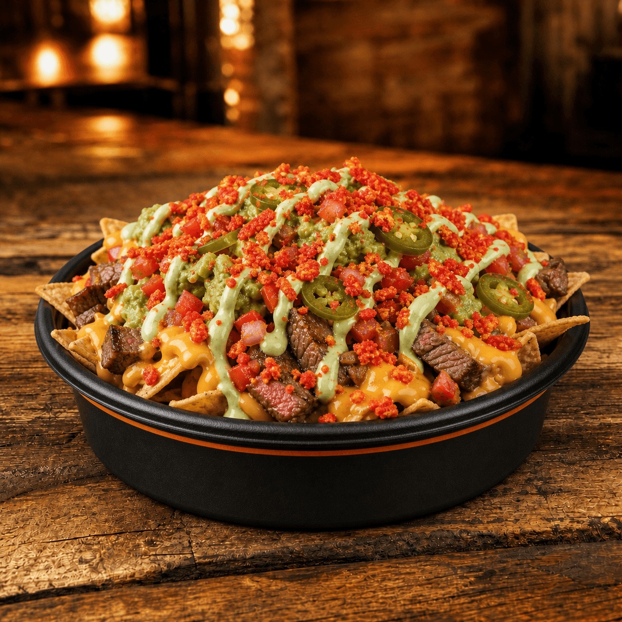 Finished loaded steak nachos with a crunchy red topping